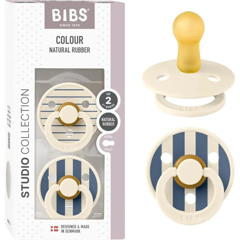 Sucettes Bibs Colour Studio Lot de 2 – Tétine ronde, Latex Naturel, Sans BPA – Bleu Acier, Ivoire - Pin