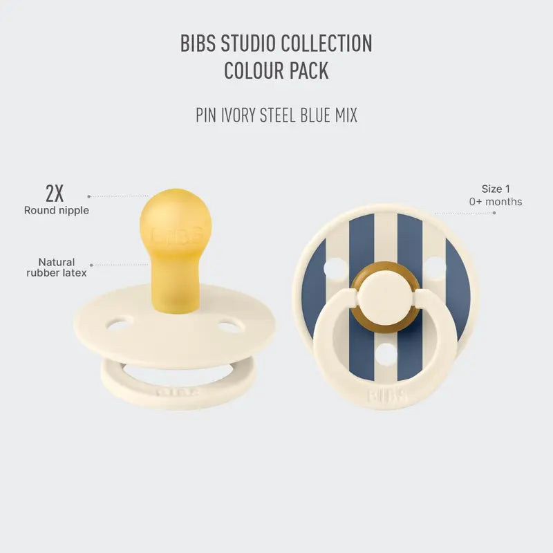 Sucettes Bibs Colour Studio Lot de 2 – Tétine ronde, Latex Naturel, Sans BPA – Bleu Acier, Ivoire - Pin - Image 2